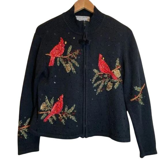 Heirloom Christmas Vtg Cardigan Sweater Size 2X Black Embroidered Cardinals - Picture 1 of 5
